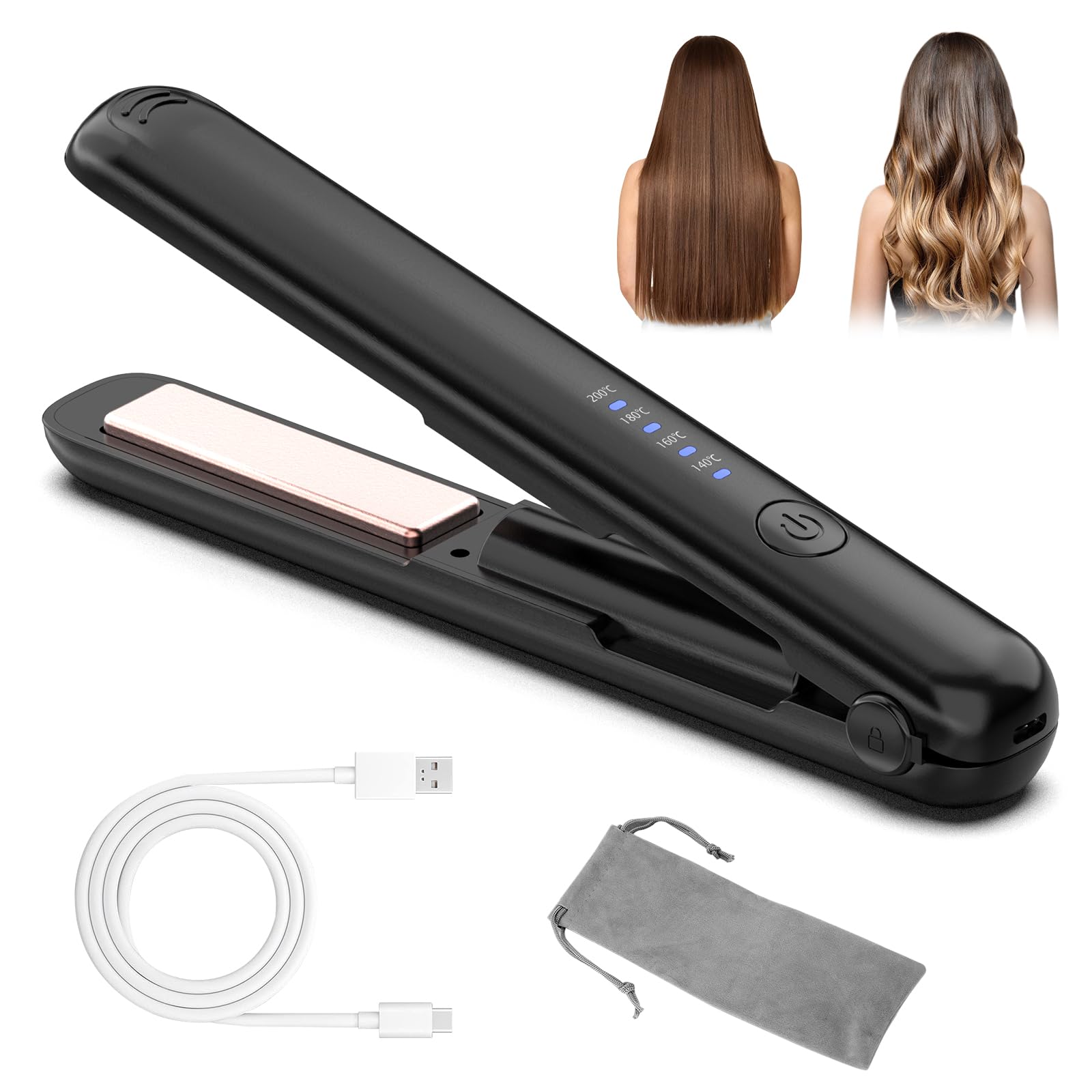 ミニ ポータブル コードレス ヘアストレートナー2.5 cm ダブル セラミック フラット アイロン ヘア ストレートナーとカーラー 2 in 1旅行用ワイヤレスカーリングアイロン(ブラック)