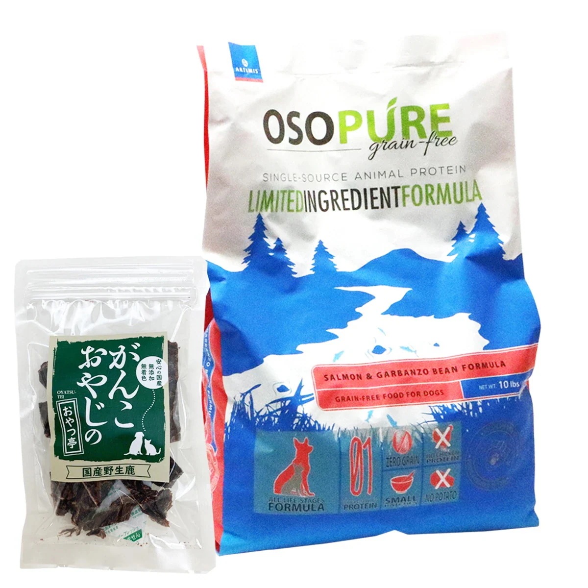 オソピュア グレインフリー サーモン＆ガルバンゾー 4.5kg【国産鹿肉ジャーキー20g付き】