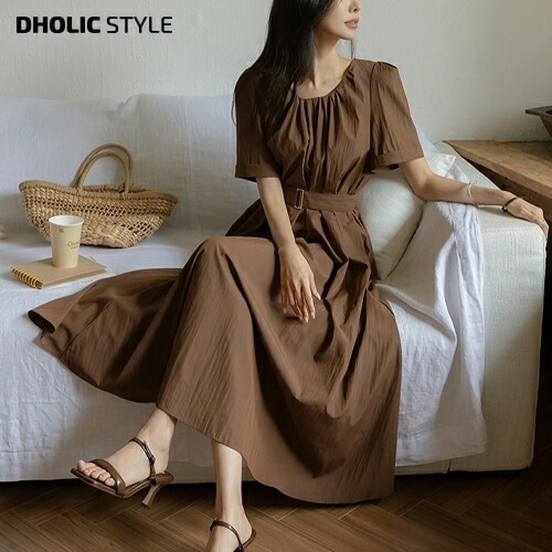 [メガ割りSALE]ベルト付ギャザーラウンドネックロングワンピース・p680440 7,547円