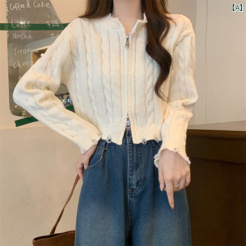 レディース トップス セーター パーカー オシャレ 韓国 カワイイ カジュアル カーディガン 長袖 ニット 秋冬 春 インナー デザイン ルーズ 白リブ編 ファスナーカーディガン女性用