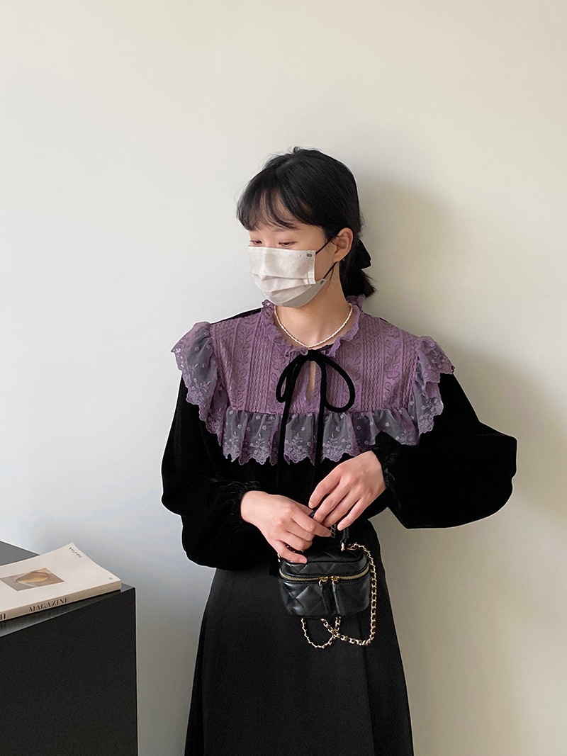 レース ベルベット ロングシャツ フラワー 長袖 レース シャツブラウス [パープル]
