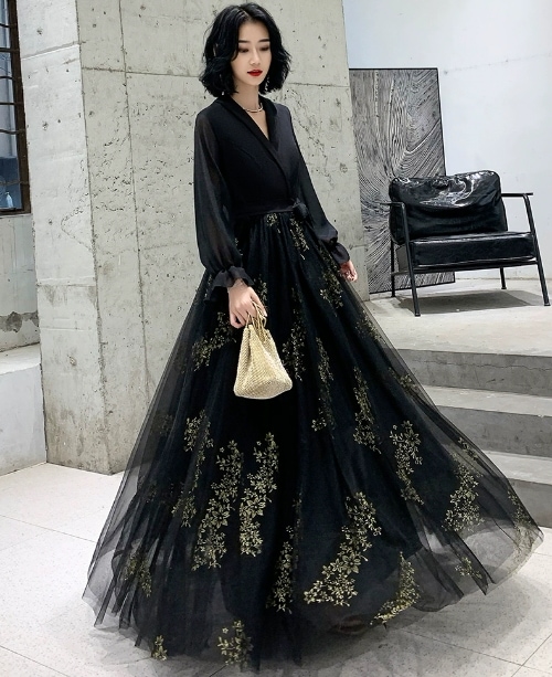 ドレス ロングドレス Aラインドレス イブニングドレス ワンピースドレス ワンピドレス ナイトドレス ロング丈 長袖 ボリューム袖 Vネック カシュクール 襟付き Aライン 切り替えデザイン