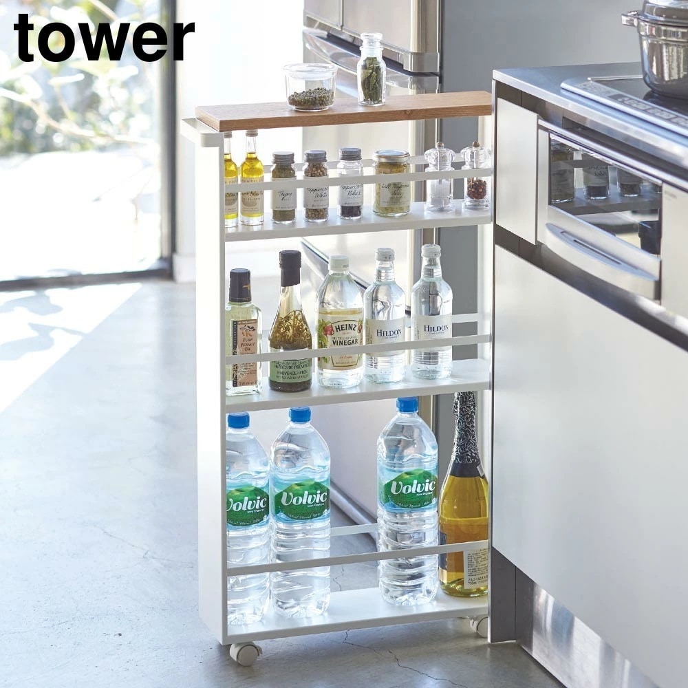 ハンドル付きスリムワゴン タワー 山崎実業 tower ホワイト ブラック 3627 3628 収納棚 収納ラック キャスター コロ 付き 隙間 すきま すき間 yamazaki タワ