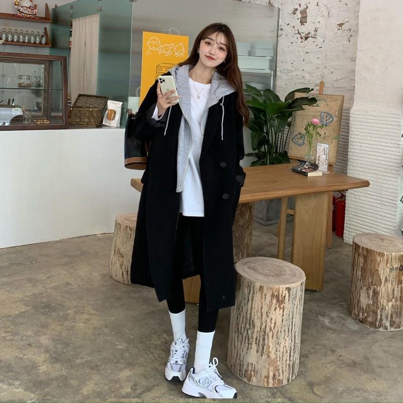 大人っぽチェスターコート アウター フーデッドブラックコート女性韓国版コートルーズミディアムレングス学生 ロング トレンチコート レディース 韓国 通勤