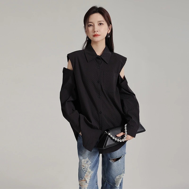 【J.Fashion】2024/ラペル/カジュアル/フレンチカット/シャツ/トップス/ゆったり/無地/シルエット/シャツ関連商品は店で購入可能30%までに制限