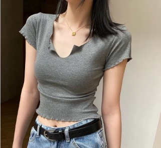 デート モテコーデ サイズ豊富 トップス Tシャツ ショート ショート丈 袖あり 半袖 Uネック タイト かわいい 可愛い シンプル カジュアル おしゃれ お洒落 かっこいい 可愛い