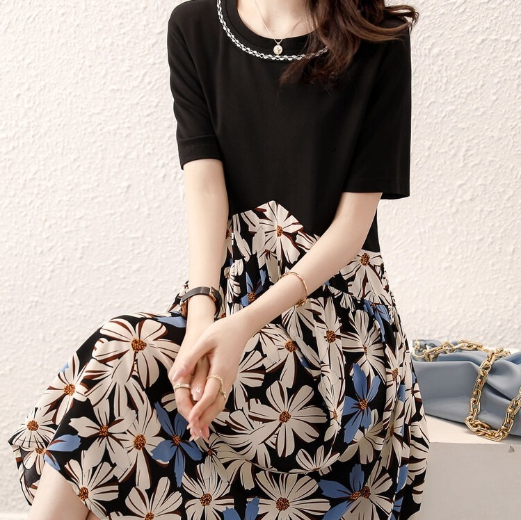 半袖ワンピース ロング丈ワンピース フェイクツーピースワンピ 花柄ワンピース スカート ワンピース プルオーバー オールインワン ロングスカート フレアスカート 膝下 ロング ロング丈 7分丈