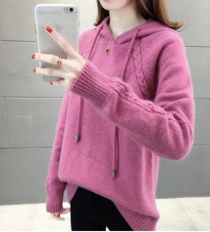 フード付き長袖ニット トップス ニット フーディー パーカー ピンク ホワイト ブルー ベージュ レッド 爽やか かわいい 可愛い きれいめ シンプル カジュアル 上品 おしゃれ かっこいい