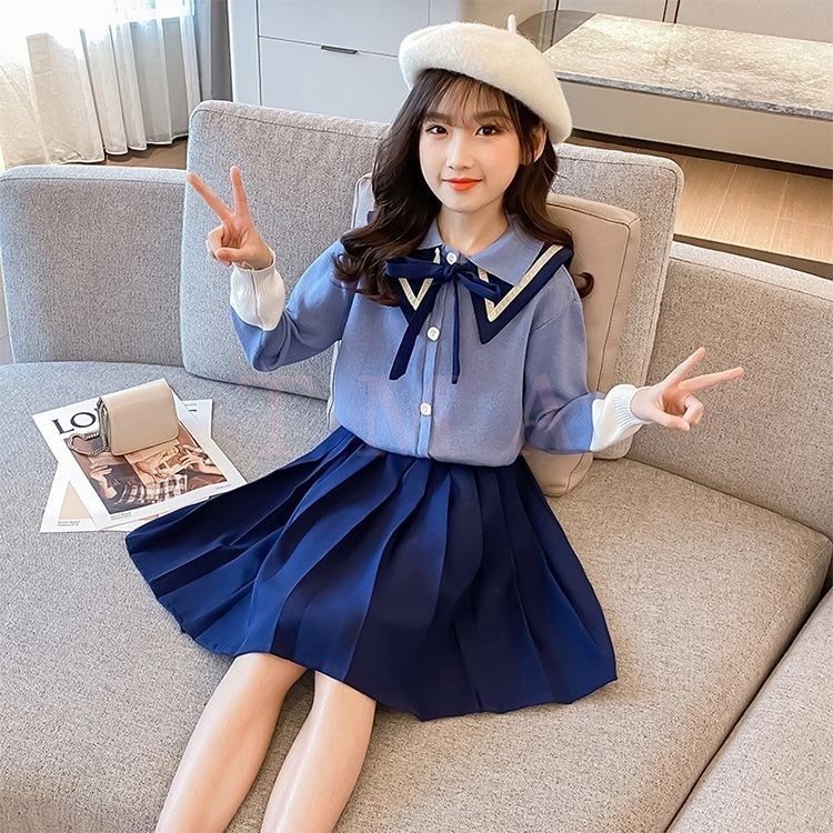 韓国子供服 キッズ 新しいブランド セットアップ 女の子 春秋 長袖トップス 上下セット 小 配色 プリーツスカート