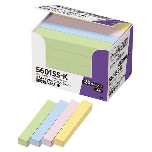 （まとめ買い）ポストイット エコノパック 強粘着ふせん 75x14mm パステル4色 20個入 5601SS-K [x3]