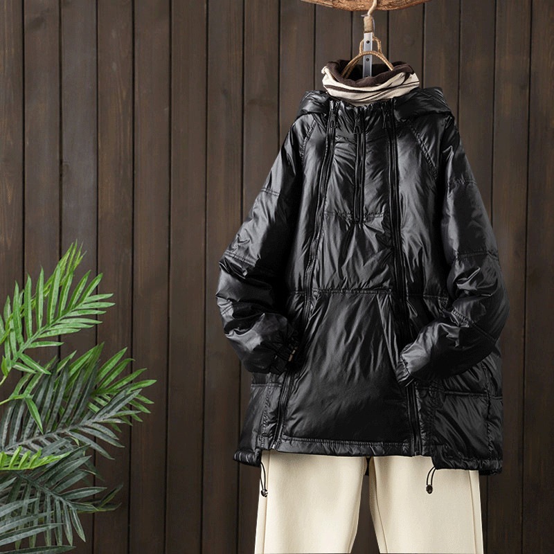 ホワイトダックダウンセーターダウンジャケットレディースプルオーバークロスボーダー韓国版新作ゆったり大きいサイズミディアムロング光沢のあるフード付きジャケット