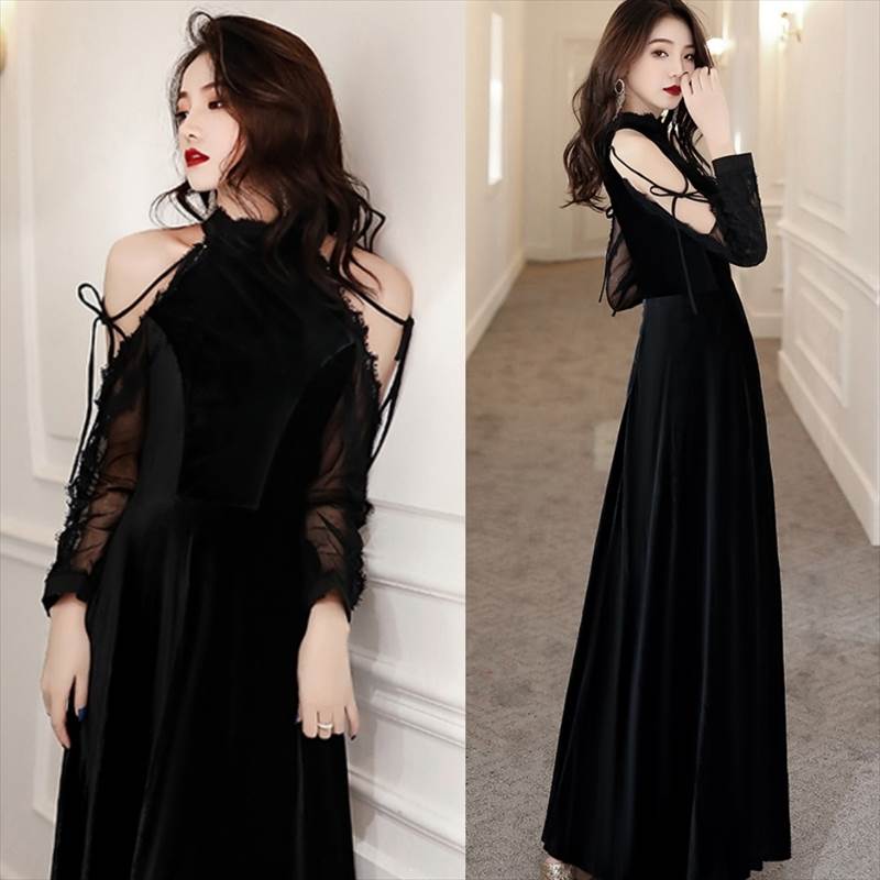 ロング ドレス パーティードレス オフショル 袖あり 黒 個性的 大人可愛い セクシー 結婚式 二次会 お呼ばれ フォーマル 演奏会 ピアノ 発表会 ドレス 大人 かっこいい 可愛い プリンセス Aラ