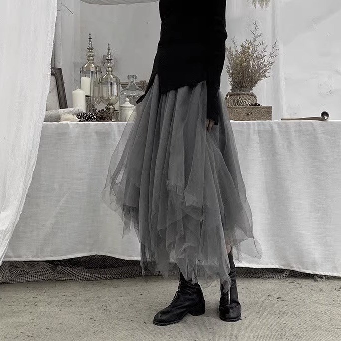 スカート ロングスカート チュールスカート ロング ロング丈 不規則丈 フレア Aライン ウエストゴム 透け感 シアー メッシュ チュール きれいめ シンプル カジュアル おしゃれ かっこいい レトロ