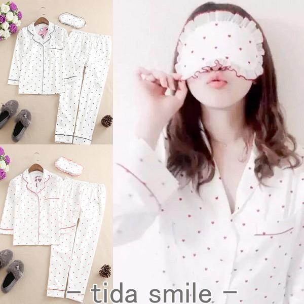 レディースャマ長袖 前開きャマ 春夏ャマ フェイク絹ャマ ハート柄 上下 ルームウエア 部屋着 ラン 大きい
