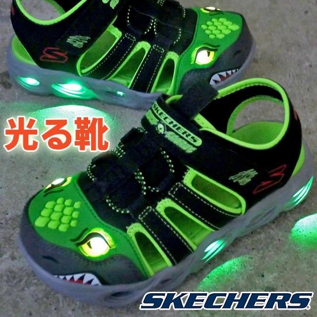 スケッチャーズ Sライツ：サーモフラッシュ - ハイドロフレア 光る靴 キッズ サンダル 男の子 LED搭載 スポーツサンダル ジュニア ベルクロ 子供靴 恐竜 ブラック/ライム 400613L 送料