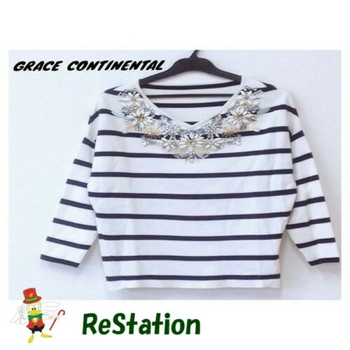 【中古】グレースコンチネンタル GRACE CONTINENTAL ビジュートップ ボーダー 七分袖 ホワイト×ネイビー レディース サイズ36
