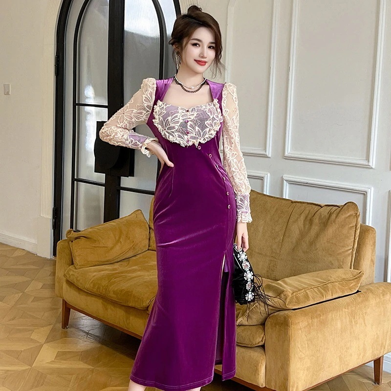 秋冬 ファッション長袖 ドレス お姫様 チャイナ レース ベルベット 着痩せ 卒業式 結婚式 ウェディング 二次会 成人式 パーティードレス ワンピース