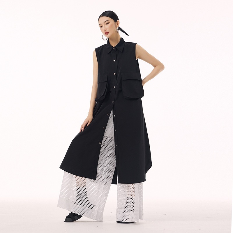 ロングベスト カーディガン ノースリーブワンピース おしゃれ レディース 大きいポケット 袖なしワンピース 関連商品購入可能