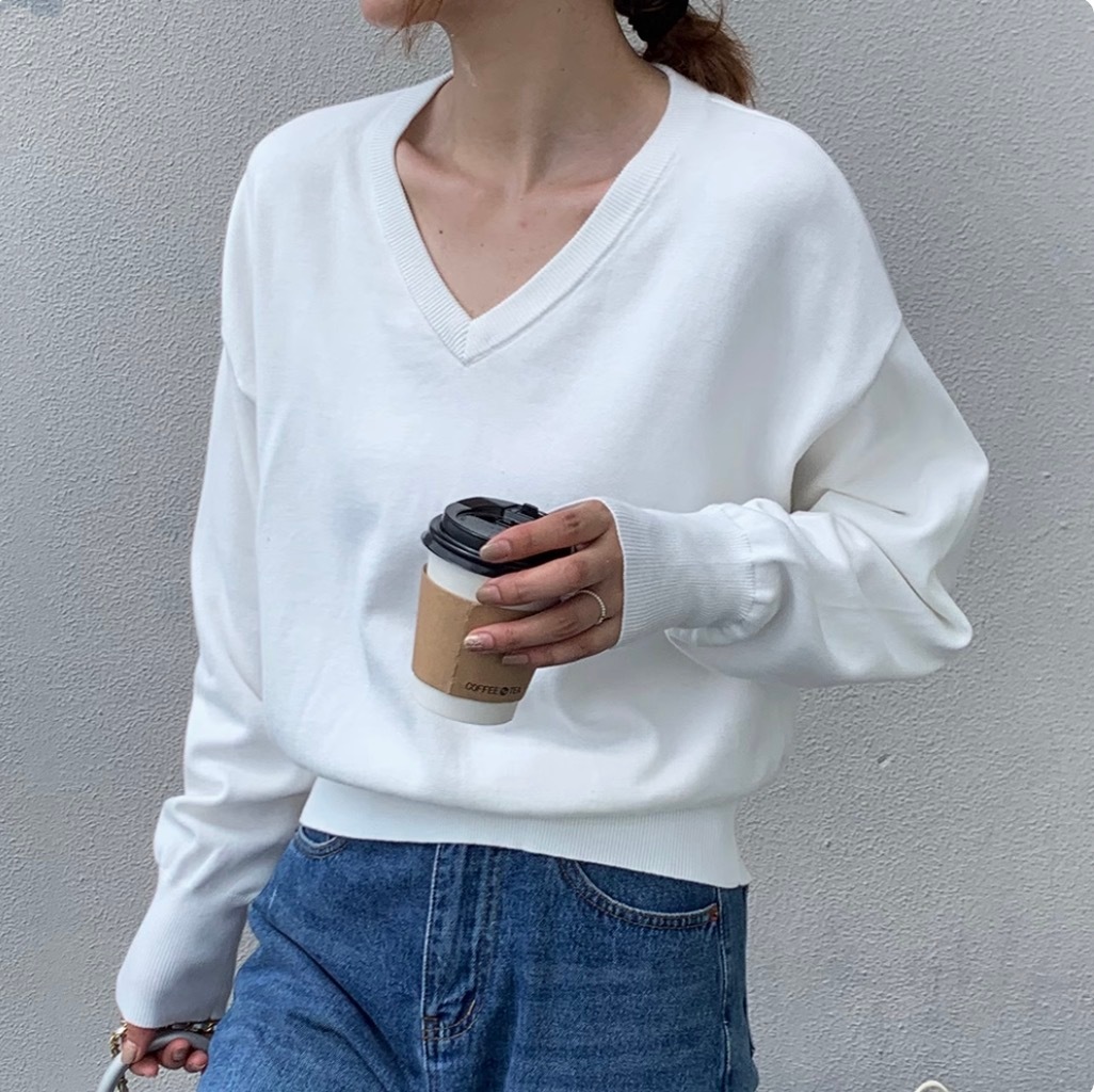 レディース トップス カットソー ニット セーター デート ニットソー 白トップス ミディアム丈 袖あり 長袖 萌袖 Vネック 襟なし 伸縮性 かわいい 大人可愛い きれいめ シンプル カジュアル