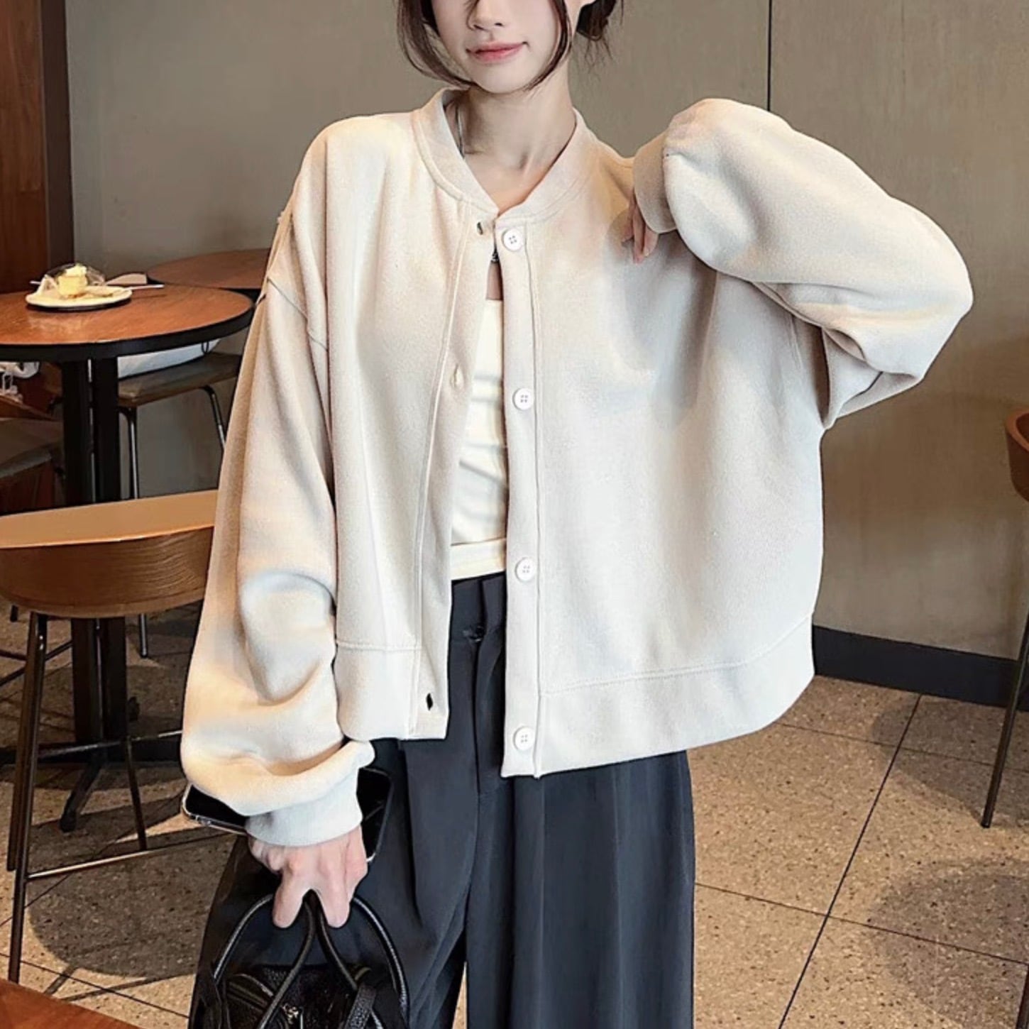 レディース トップス カットソー カーディガン デート 上着 ミディアム丈 袖あり 長袖 ボリューム袖 萌袖 ラウンドネック クルーネック 襟なし ワイド 切り替えデザイン 前開き 伸縮性 かわいい