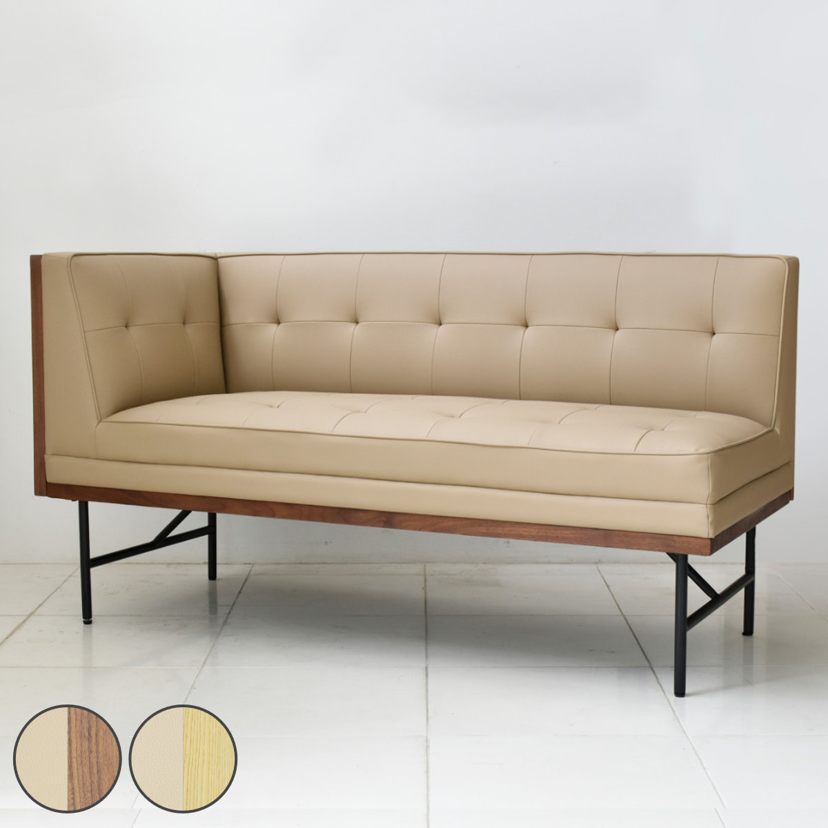 カウチソファ 右肘タイプ ヴィンテージ調 PVCレザー張り 幅120cm ソファー ダイニングソファ 高め 木目調 レザー調 ダイニング リビング L字 異素材 スチール脚 おしゃれ 開梱設置