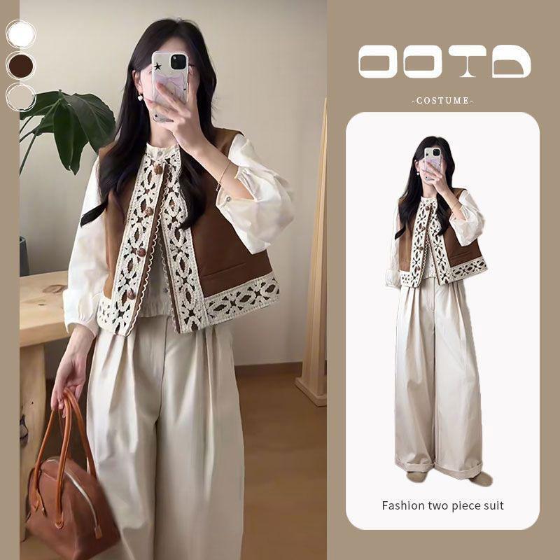 春と秋のファッションを着るのは女の2025の新型の小さい衆のカレー色のベスト長袖のシャツ広脚のズボンの3点セットです