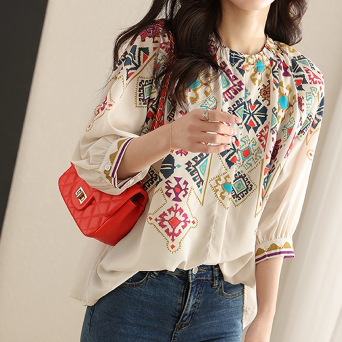 レディース トップス シャツ ブラウス レギュラー丈 タックイン 裾イン 7分袖 バルーン袖 プリーツパフ ラウンドネック ドレープ フェミニン シフォン コンサバ ボタン 薄手 大人可愛い きれいめ