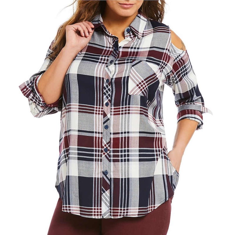ピーター ナイガード レディース トップス ブラウス・シャツ【Peter Nygard Plus Plaid Cold Shoulder Shirt】Navy/Merlot ピーター ナイガード レディース トップス ブラウス・シャツ【Peter Nygard Plus Plaid Cold Shoulder Shirt】Navy/Merlot