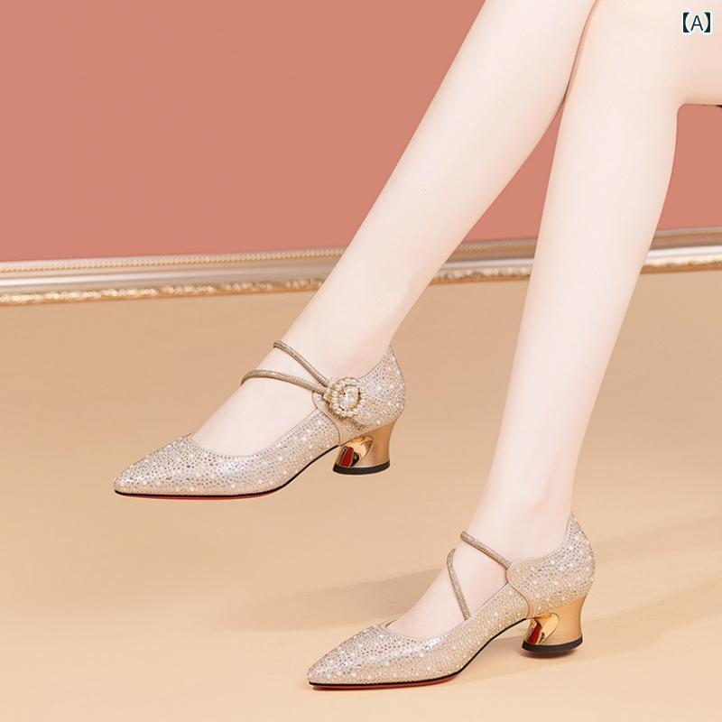 ハイヒール　シューズ　レディースシープスキンの 明るい ラインストーンストラップの 女性用 シングル シューズで 疲れにくい 足 ウェディングパーティー ハイヒール 母親の スカートと チャイナ ドレ