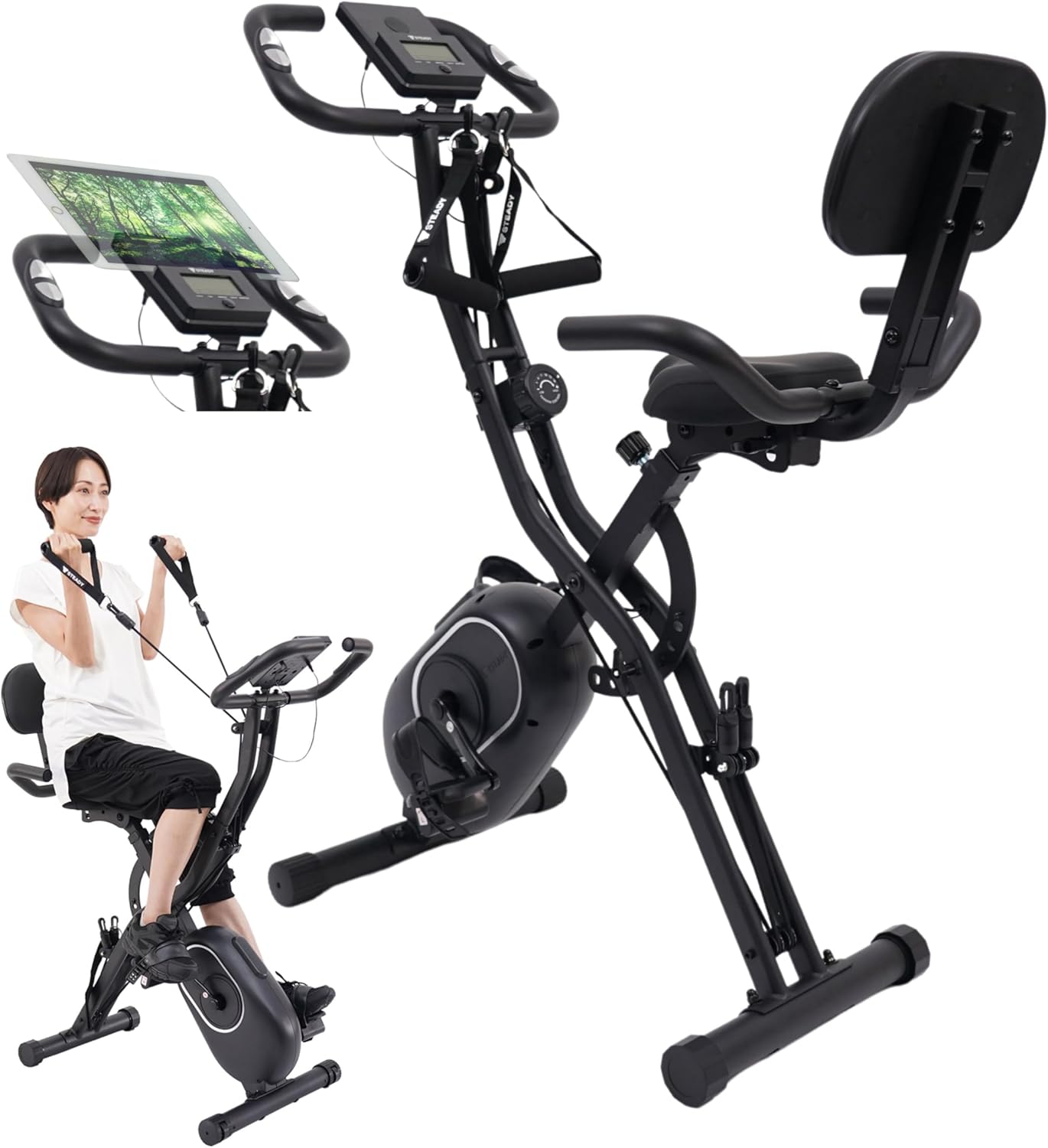 ブラック STEADY フィットネスバイク【バンド付き/静音/折りたたみ/簡単組立】家庭用 スピンバイク ST143ブラック