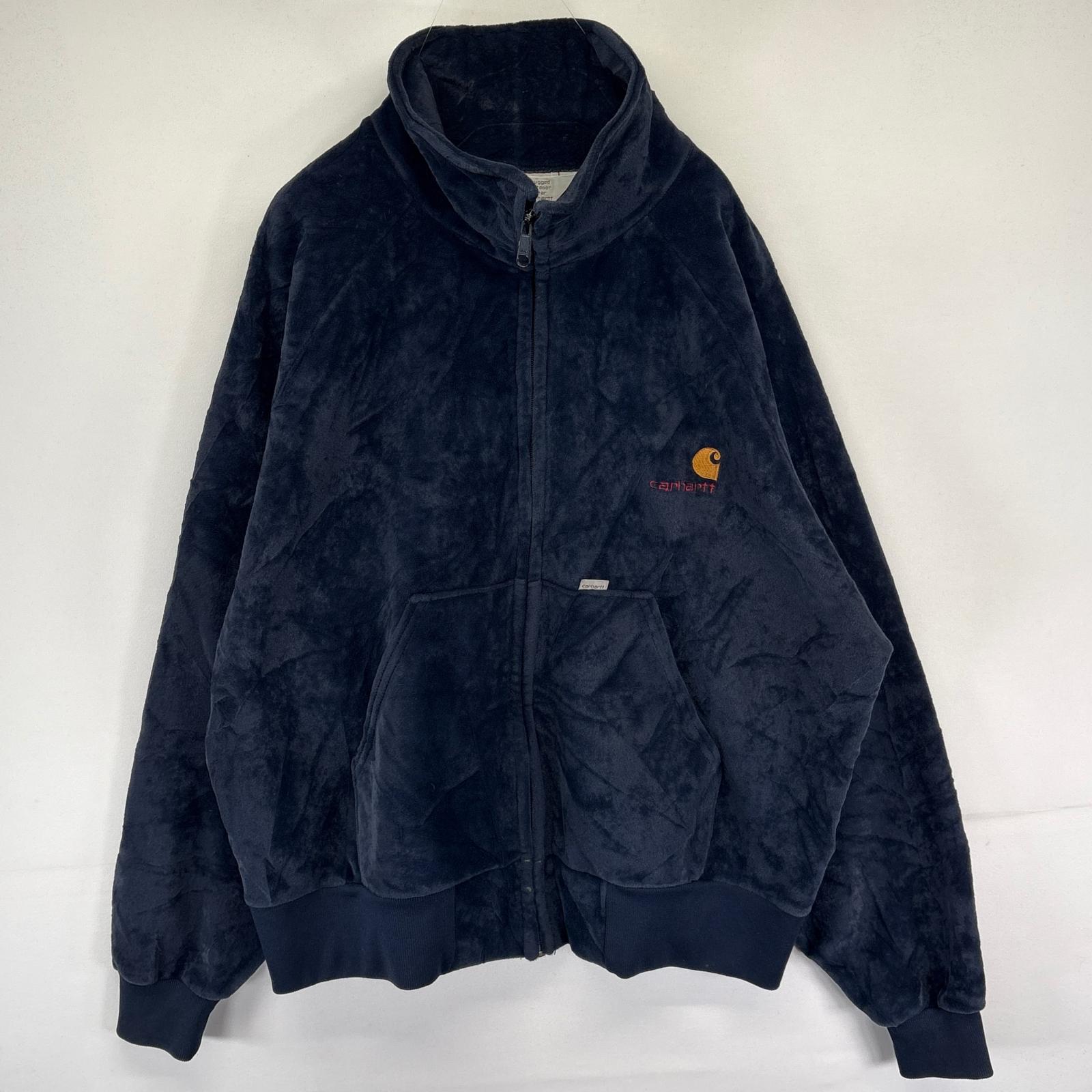 古着 80s/80年代 ヴィンテージ USA製 ジャケット ベロア フルジップ ワンポイント刺繍ロゴ XL ネイビー系 メンズ