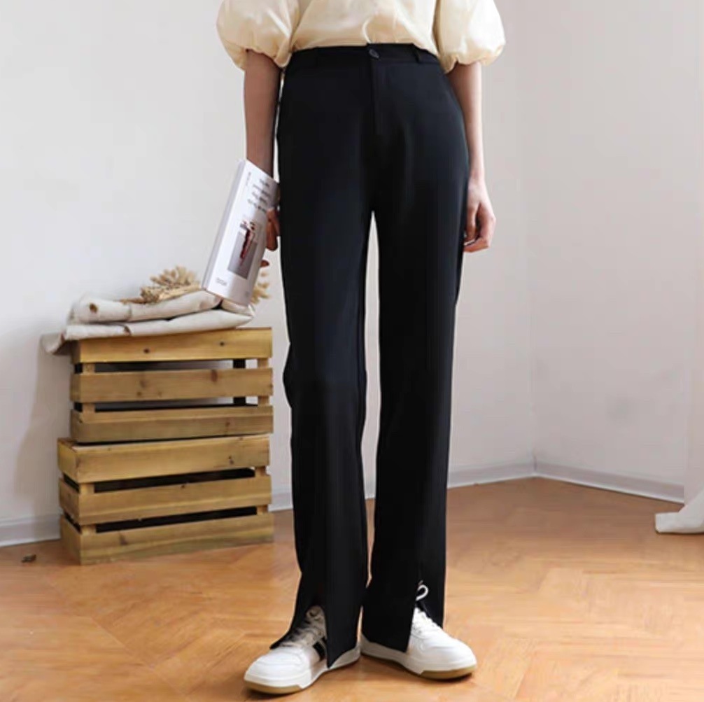 レディース パンツ ボトムス ストレートパンツ スラックス フルレングス セミフレア スリット サイドスリット ハイウエスト コンサバ きれいめ シンプル おしゃれ かっこいい ラフ メンズライク