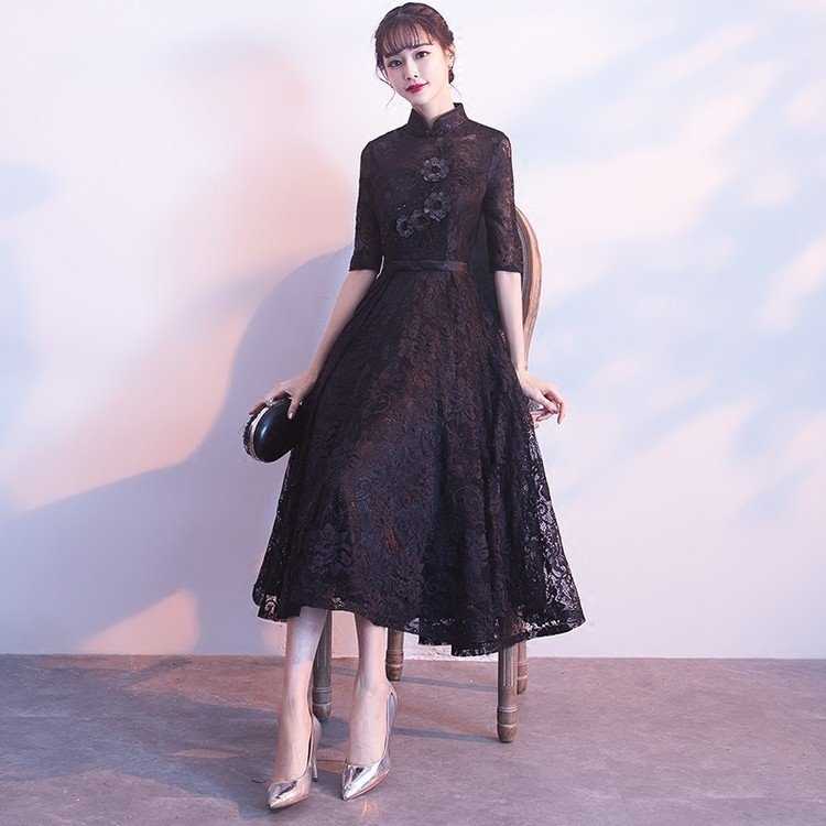ドレス チャイナ風ドレス ワンピース 女子会 総レース ドレス 二次会 パーティードレス 結婚式 シック Aライン ミモレ丈 披露宴