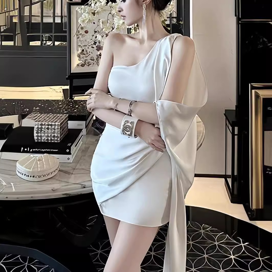 [本日限り激安SALE]上品 パーティードレス ゆったり イブニングドレス 韓系 おしゃれ サテンワンピース パーティー ホワイト フレンチセクシーレースドレス 品質良い