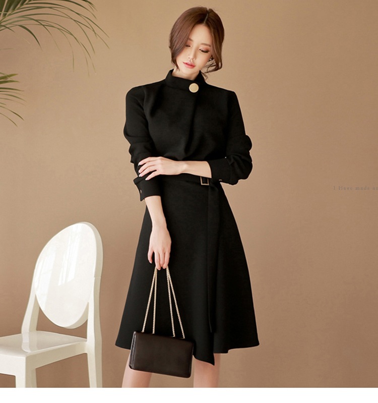 ワンピース 膝丈 ひざ丈 袖あり 長袖 スタンドカラー Aライン ウエストリボン スリット ハイウエスト きれいめ 大人 上品 おしゃれ かっこいい 大人女子 こなれ感 エレガント フォーマル 無地