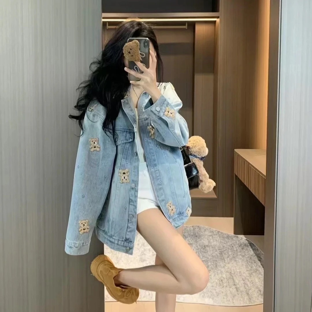 ありトレンドブランドニッチデザインカートゥーンベア刺繍デニムジャケットレディース万能ジャケット
