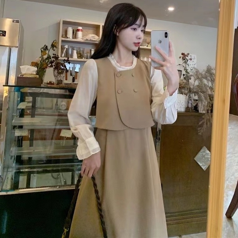 ステッチフェイクツーピースドレス女性 2025 秋の新しいハイエンド痩身気質 A ラインスカート