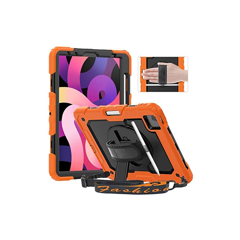 Timecity iPad Air ケース 第 5 / 4 世代 iPad 10.9 インチ ケース (2020/2022) 保護フィルム付き 360度回転 スタンド機能 ショル ダーストラップ ペン