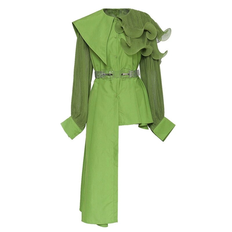 【3日で出荷】中丈 カーディガンレースレトロ不規則スプライスシャツスカートベルト