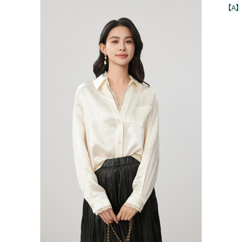 レディース　ニット　レース　シルク レース ドリーム 精巧 ロマンチックな 1 OO サテン アセテート スプライシング Vネック シャツ p