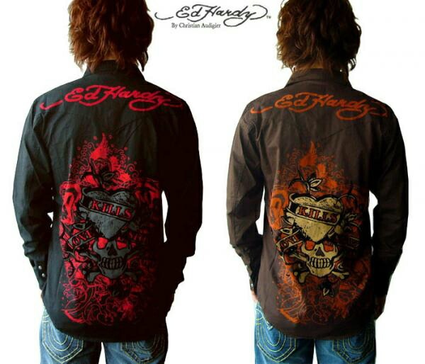 送料無料Ed Hardy　エドハーディ メンズ ロングスリーブ　ドレス シャツ　ウエスタンシャツ