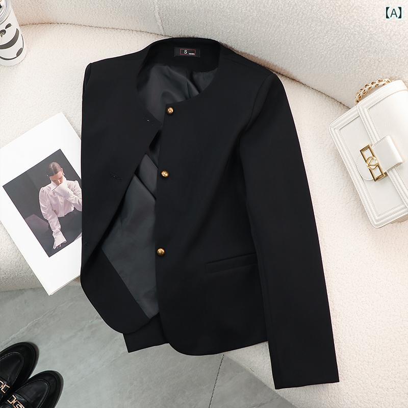 ビジネス　スーツ　ジャケット 初秋 エレガントの 黒の スーツ ジャケット レディース ショート スタイルハイエンド カジュアル ラウンドネック
