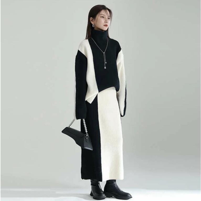 春秋セットアップレディースニットニットセーターハイネックスカートロングスカートきれいめ通勤長袖ゆったりリブニット厚タートルネック