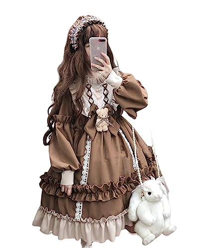 クリスマス コスプレ 可愛い ロリータ ワンピース 長袖 レディース クマのリボン付き ハロウィン イベント 仮装 (茶色)