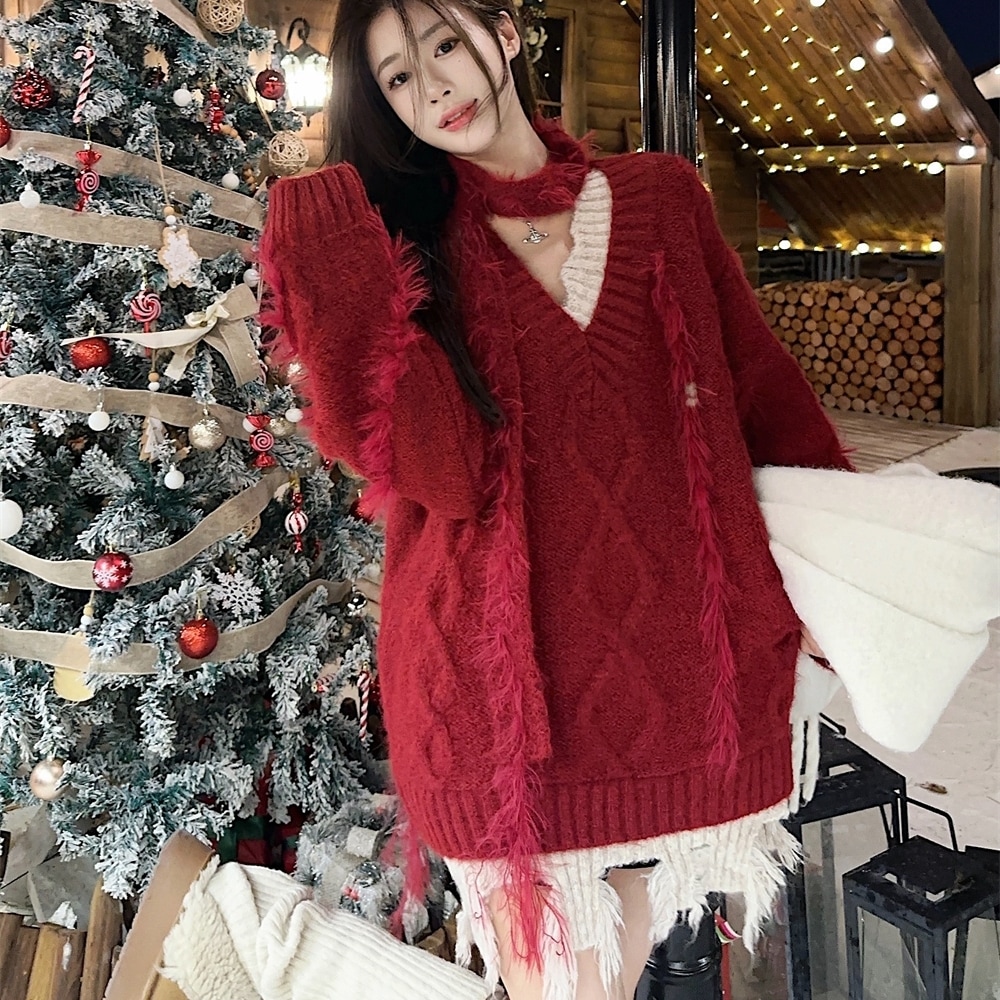 セーター ニット トップス Vネック ケーブル編み ツートーン ダメージ ドロップショルダー オーバーサイズ 長袖 大人可愛い