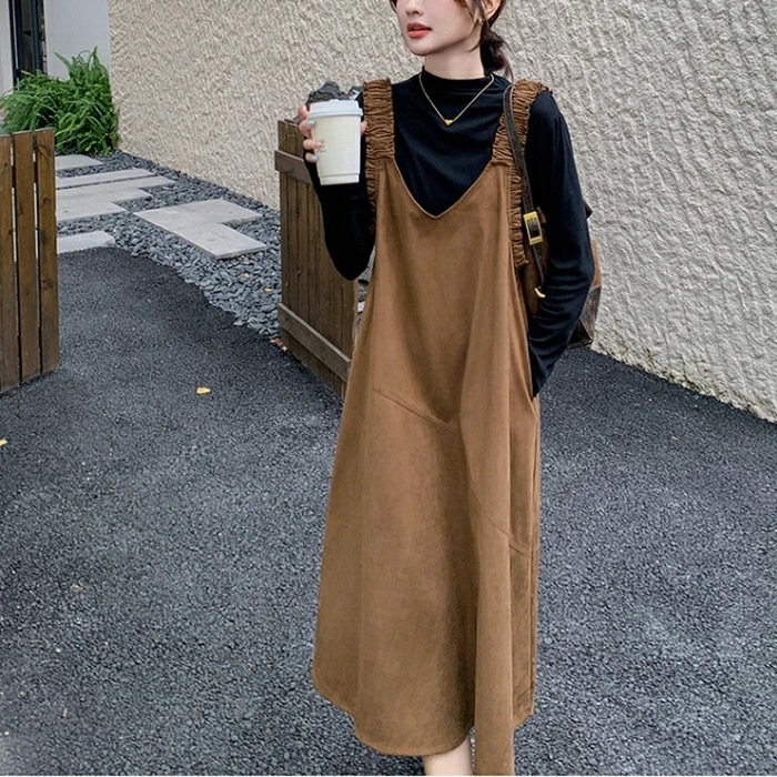 レイヤード セットアップ レディース ワンピース ジャンパースカート タートルネック インナー ハイネック 長袖 カットソー 2点セット エレガント カジュアル きれいめ ミモレ丈 大人 可愛い ベー