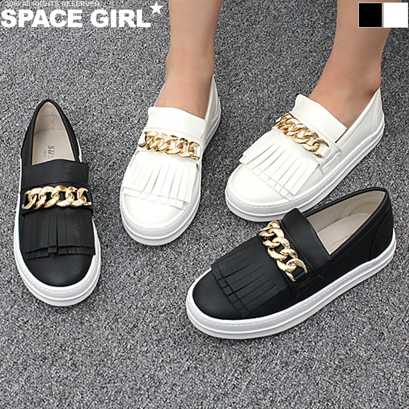 ゴールドチェーンタッセルスリップオンウェッジヒール厚底ストームレディースカジュアルシューズ