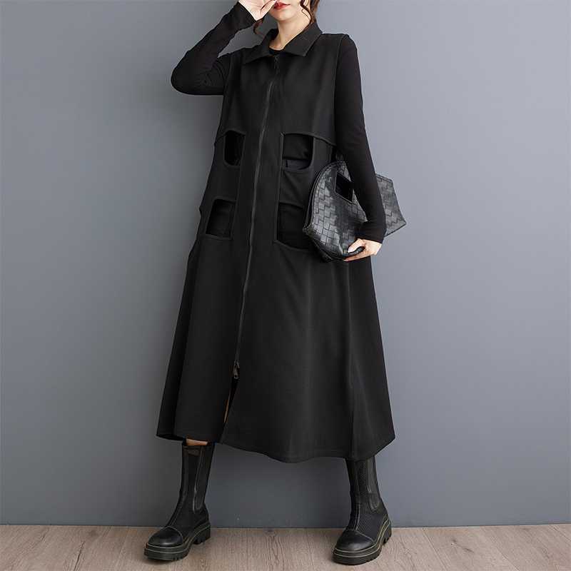 「ファットガール」 2024秋新品 ロングカーディガン ファスナー 袖なし ロングベスト 大きいサイズ 体型カバー レディース ノースリーブワンピース メガ割30%制限 5,323円