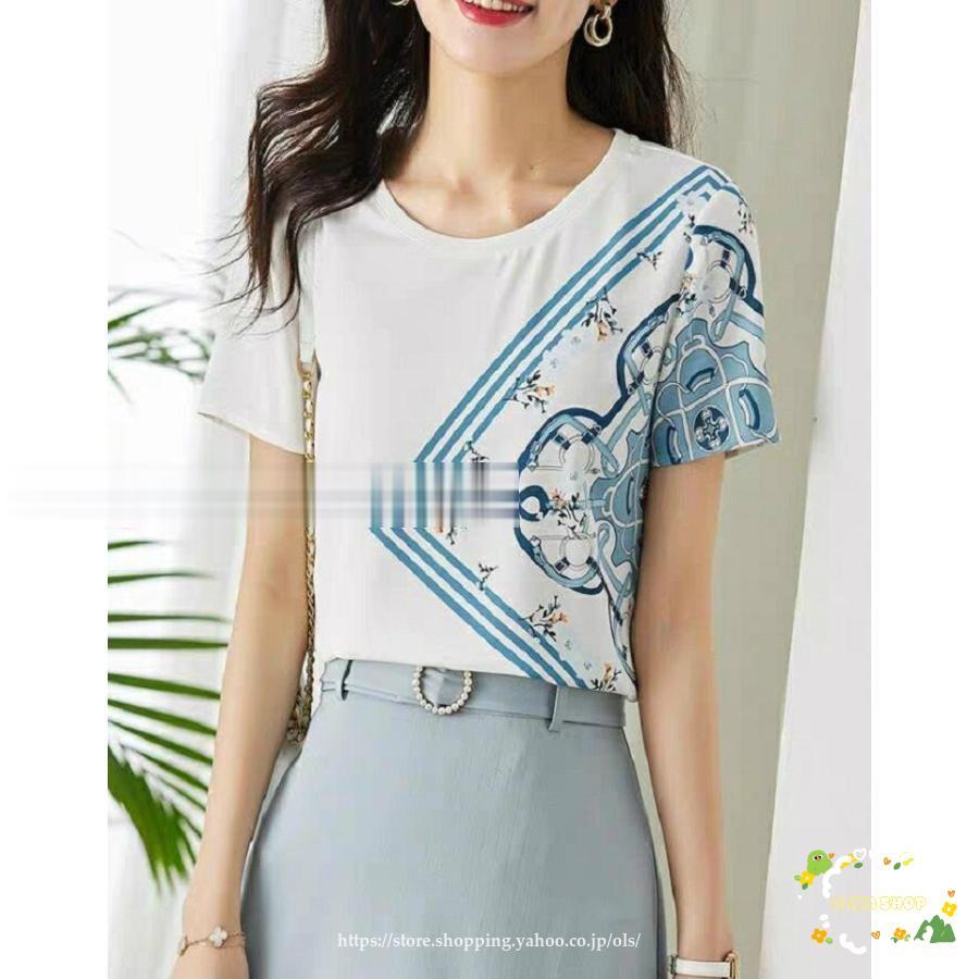 Tシャツ トップス 夏 レディース きれいめ 大きいサイズ 半袖 ラウンドネック スカーフ柄 爽やか 普段使い ワードローブ オフィス 仕事 通勤 ホワイト ブルー 可