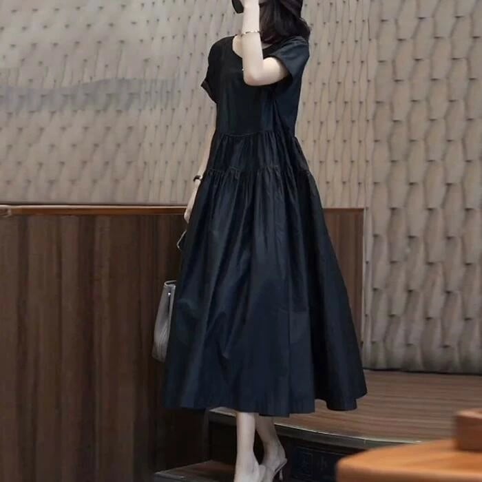 フレア カジュアル 体型カバー 袖あり フェミニン レディース 50代 ドレス い 半袖 ブラック ティアード 切り替え 黒 ワンピース シンプル 20代 夏 ミモレ丈 Aライン リラックス